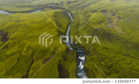 Aerial View of a Deep Canyon with River Rapids in Iceland Aerial View of a Deep Canyon with River Rapids in Iceland 139099777