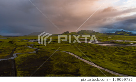Aerial View of Iceland's Volcanic Landscape with Rivers and Mountains Aerial View of Iceland's Volcanic Landscape with Rivers and Mountains 139099785