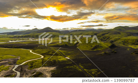 Aerial View of Iceland's Volcanic Landscape at Sunset Aerial View of Iceland's Volcanic Landscape at Sunset 139099787