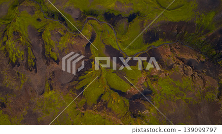 Aerial View of Winding River Through Icelandic Volcanic Terrain Aerial View of Winding River Through Icelandic Volcanic Terrain 139099797