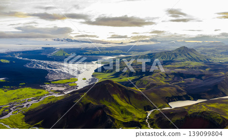 Aerial View of Iceland's Volcanic Landscape with Glacier and River Aerial View of Iceland's Volcanic Landscape with Glacier and River 139099804