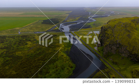Aerial View of Icelandic River, Volcanic Soil, and Mossy Hill Aerial View of Icelandic River, Volcanic Soil, and Mossy Hill 139099831