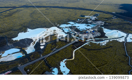 Aerial View of the Blue Lagoon and Volcanic Terrain in Iceland Aerial View of the Blue Lagoon and Volcanic Terrain in Iceland 139099873