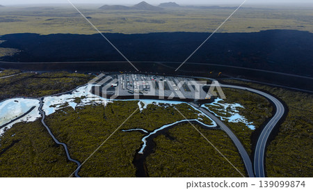 Aerial View of Parking Area Amid Volcanic Landscape in Iceland Aerial View of Parking Area Amid Volcanic Landscape in Iceland 139099874
