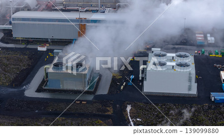Aerial View of Geothermal Power Plant with Cooling Towers in Iceland Aerial View of Geothermal Power Plant with Cooling Towers in Iceland 139099880