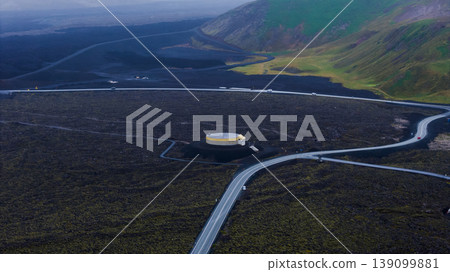 Aerial View of Volcanic Landscape with Circular Structure in Iceland Aerial View of Volcanic Landscape with Circular Structure in Iceland 139099881