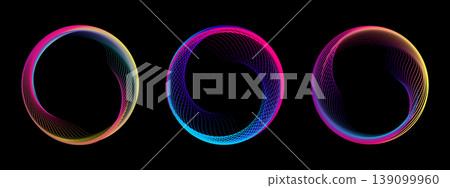 Abstract spiral design featuring glowing neon lines in geometric patterns with dynamic wave motion, rainbow gradients, and futuristic digital art style on black background Abstract spiral design featuring glowing neon lines in geometric patterns with dynamic wave motion, rainbow gradients, and futuristic digital art style on black background 139099960