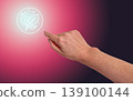 Hand pointing to natural leaf neon icon on pink gradient background for eco skincare, organic beauty product, sustainable cosmetics, wellness care and natural spa treatment. 139100144