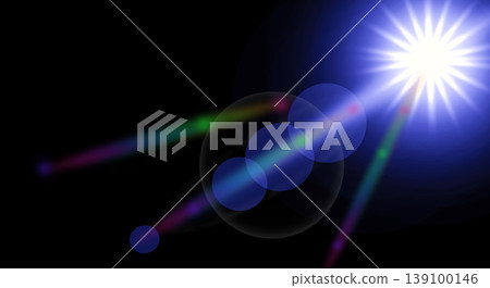 Blue lens flare on black background with glowing circles and colorful beams, abstract light effect for overlays, digital design and visual compositions. 139100146