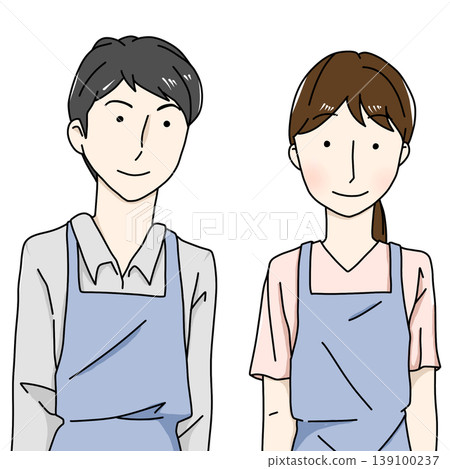 身穿圍裙的男女工作人員插圖；與護理、兒童保育和餐飲服務有關。 139100237