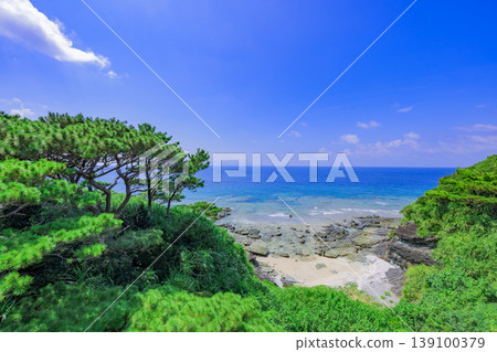石垣島美麗的夏日景色,鬱鬱蔥蔥的海灣和蔚藍的大海。 石垣島美麗的夏日景色,鬱鬱蔥蔥的海灣和蔚藍的大海。 139100379