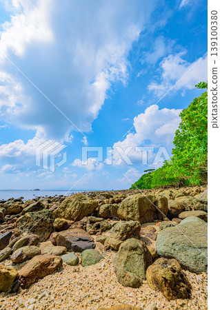 石垣島大崎海灘的海岸景觀,岩石海岸,藍天白雲點綴其間。 石垣島大崎海灘的海岸景觀,岩石海岸,藍天白雲點綴其間。 139100380