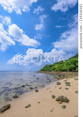 石垣島大崎海灘寧靜的海濱景色,海水淺,天空湛藍。 石垣島大崎海灘寧靜的海濱景色,海水淺,天空湛藍。 139100381