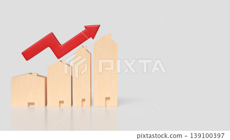 Real Estate Investment Growth Concept with Rising Wooden Houses and Arrow 3d render. Real Estate Investment Growth Concept with Rising Wooden Houses and Arrow 3d render. 139100397