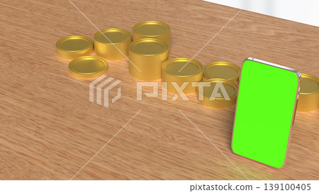 Mobile Banking and Investment Concept with Smartphone Green Screen and Gold Coins 3d render. Mobile Banking and Investment Concept with Smartphone Green Screen and Gold Coins 3d render. 139100405