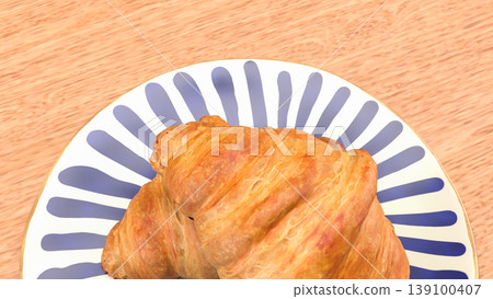 Fresh Croissant Breakfast on Plate with Wooden Table Background 3d render. Fresh Croissant Breakfast on Plate with Wooden Table Background 3d render. 139100407