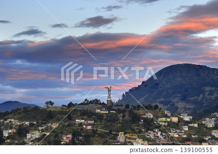Virgin of el panecillo statue overlooking quito at sunset 139100555