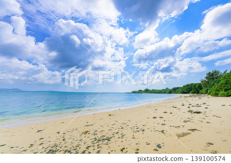 A refreshing summer scene of Ishigaki Island's coastline and sandy beaches, with white clouds spreading across the horizon. A refreshing summer scene of Ishigaki Island's coastline and sandy beaches, with white clouds spreading across the horizon. 139100574
