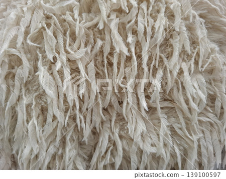 The image shows a close up view of soft, cream faux fur with long, delicate synthetic fibers on a light surface. The fibers look like natural feathers and are arranged closely together. The image shows a close up view of soft, cream faux fur with long, delicate synthetic fibers on a light surface. The fibers look like natural feathers and are arranged closely together. 139100597