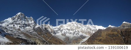 Panoramic photos of the area around Annapurna I, and a view of Annapurna Base Camp. Panoramic photos of the area around Annapurna I, and a view of Annapurna Base Camp. 139100619