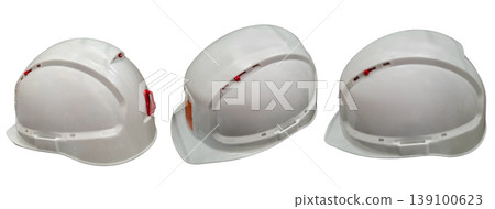 Three different views of a white industrial safety helmet are showcased on a plain background. The helmet is used for protection in work environments. It features a simple design for safety. Three different views of a white industrial safety helmet are showcased on a plain background. The helmet is used for protection in work environments. It features a simple design for safety. 139100623