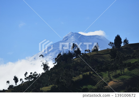 The Cotopaxi volcano rises above green hills. The Cotopaxi volcano rises above green hills. 139100672