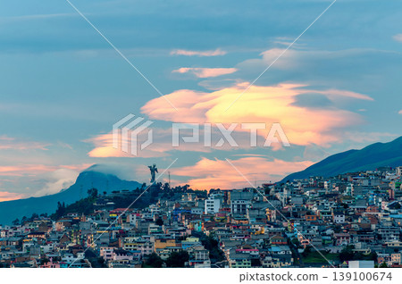 Quito cityscape featuring virgin of el panecillo at sunset 139100674