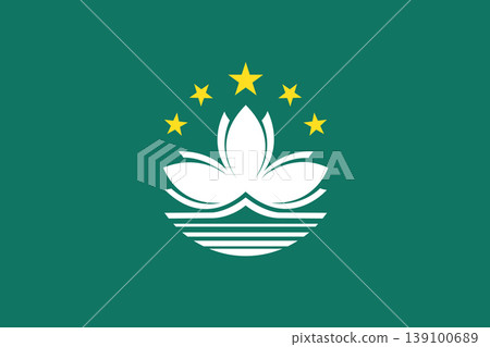 Regional Flag of Macao Republic of China. Lotus flower above stylized Governador Nobre de Carvalho Bridge and water in white, beneath circular arc of five golden five pointed stars on emerald green. Regional Flag of Macao Republic of China. Lotus flower above stylized Governador Nobre de Carvalho Bridge and water in white, beneath circular arc of five golden five pointed stars on emerald green. 139100689