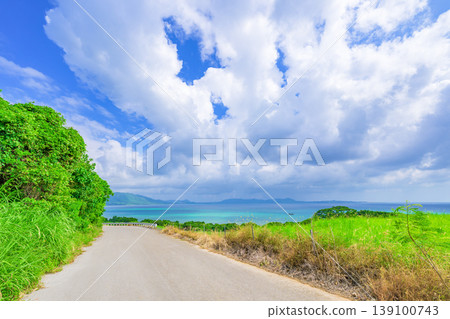 A refreshing road on Ishigaki Island stretches towards the white clouds and the blue sea. A refreshing road on Ishigaki Island stretches towards the white clouds and the blue sea. 139100743