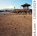 With Mount Fuji in the background, the dried-up wasteland and the hexagonal pavilion atop the stone wall create a striking contrast with the tranquil lakeside. 139101029