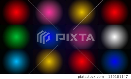 Collage of glowing colored circles and light gradients on black with light burst 139101147