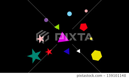 Scattered colorful geometric shapes on black background with party popper Scattered colorful geometric shapes on black background with party popper 139101148
