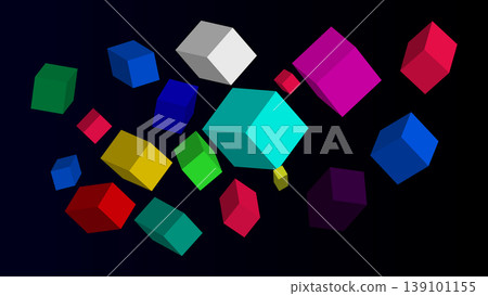 Floating multicolored 3D cubes on dark blue background with abstract art Floating multicolored 3D cubes on dark blue background with abstract art 139101155