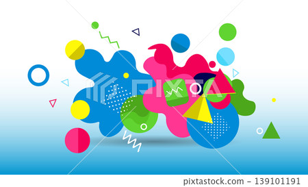 Dynamic abstract composition of colorful organic shapes and geometric elements 139101191