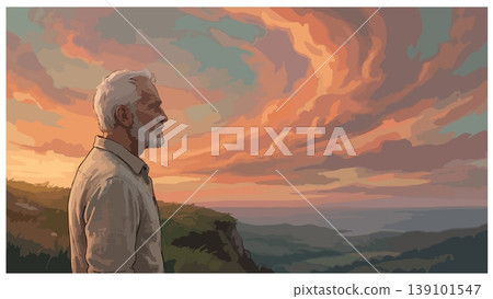Solitary Elder on a Cliff Gazing at Twilight Clouds Solitary Elder on a Cliff Gazing at Twilight Clouds 139101547