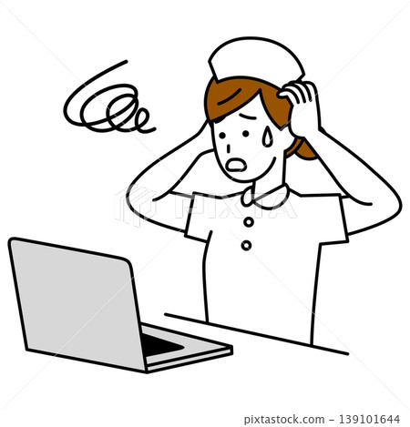 Female nurse experiences problems working on her laptop. 139101644