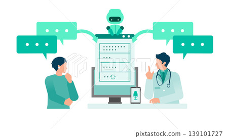An illustration of a doctor and patient using AI voice recognition to automate medical record creation and electronic medical record entry, thereby improving work efficiency. 139101727