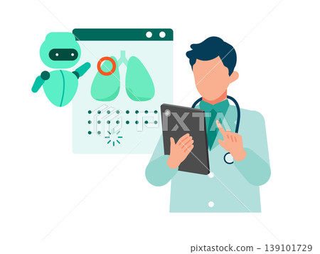 Medical DX illustration: A male doctor checks the results of an AI-diagnosed test on a tablet and receives support. 139101729