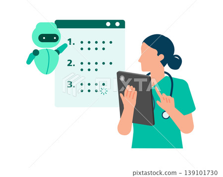 圖中展示了一位女醫師如何利用人工智慧簡化醫療資訊的摘要和搜尋流程。 圖中展示了一位女醫師如何利用人工智慧簡化醫療資訊的摘要和搜尋流程。 139101730