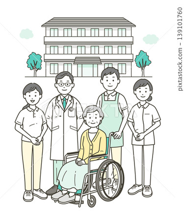 An elderly woman in a wheelchair, a caregiver, a doctor, and a nurse are standing in front of a nursing home. An elderly woman in a wheelchair, a caregiver, a doctor, and a nurse are standing in front of a nursing home. 139101760