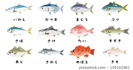 一組可愛的海魚插圖：鰹魚、鮪魚、鯛魚、竹莢魚等。 139101961