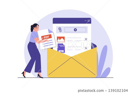 Illustration of Woman Attaching PDF and Media Files to Email Illustration of Woman Attaching PDF and Media Files to Email 139102104