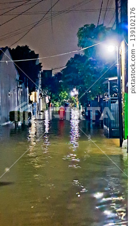 view of flood disaster in residential area 139102176