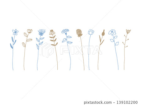A set of 4 simple, hand-drawn illustrations of various types of single flowers (blue and brown). 139102200