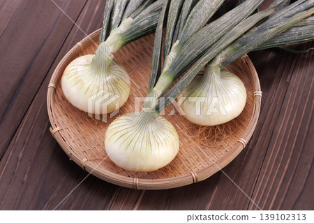 Fresh new onions in a colander Fresh new onions in a colander 139102313