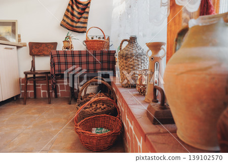 Closeup Pottery And Woven Baskets Arranged On Checkered Cloth With Terracotta Jars And Wicker Handles, Sunlit Textures, Braided Details And Vintage Homely Accents Ideal For Craft Market Closeup Pottery And Woven Baskets Arranged On Checkered Cloth With Terracotta Jars And Wicker Handles, Sunlit Textures, Braided Details And Vintage Homely Accents Ideal For Craft Market 139102570