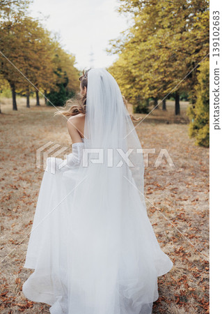 Elegant Bridal Scene. Charming Bride In Autumn Park With Flowing Veil And Lace Embellishments. Poised Bride Wearing Offshoulder Dress And Delicate Lace In Warm Park Light Capture Elegant Bridal Scene. Charming Bride In Autumn Park With Flowing Veil And Lace Embellishments. Poised Bride Wearing Offshoulder Dress And Delicate Lace In Warm Park Light Capture 139102683