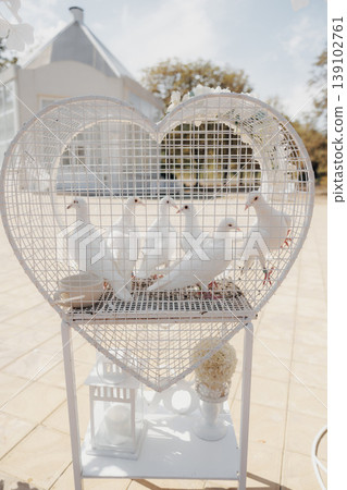 White Doves Inside Heartshaped Cage Perched On Wooden Perch, Sunlit Terrace Casting Mesh Shadows, Delicate Bow And Ornamental Flowers On Vintage Metal Stand, Soft Pastel Tones Creating 139102761