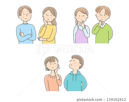 A set of illustrations of young men and women looking up into thought. A set of illustrations of young men and women looking up into thought. 139102812