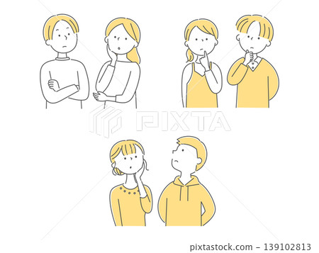 一組黑白插圖，描繪了一位年輕男子和一位年輕女子抬頭沉思的情景。 139102813